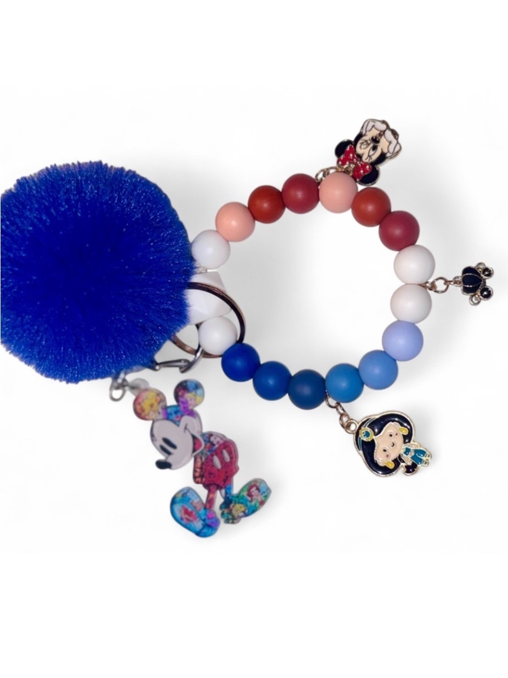 Colorblock Beaded Keychain Bracelet with Minnie Charms - Blue, Pink, Red